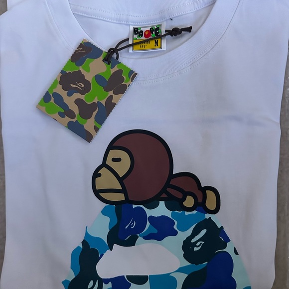 Bape White Tee with Green and Blue Camo Tag - Picture 3 of 8